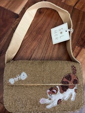Sol + Mer Gold Beaded Shoulder Bag with Cat Motif